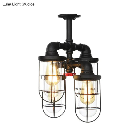 Sleek Black 3/4-Light Semi Mount Industrial Clear Glass Cage Lamp Fixture