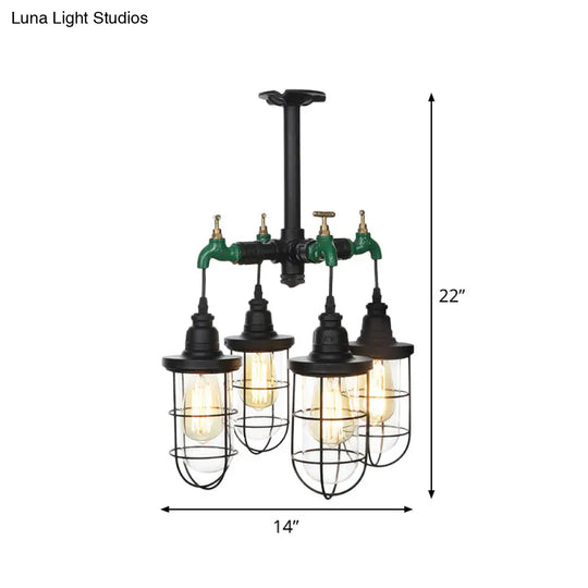 Sleek Black 3/4-Light Semi Mount Industrial Clear Glass Cage Lamp Fixture