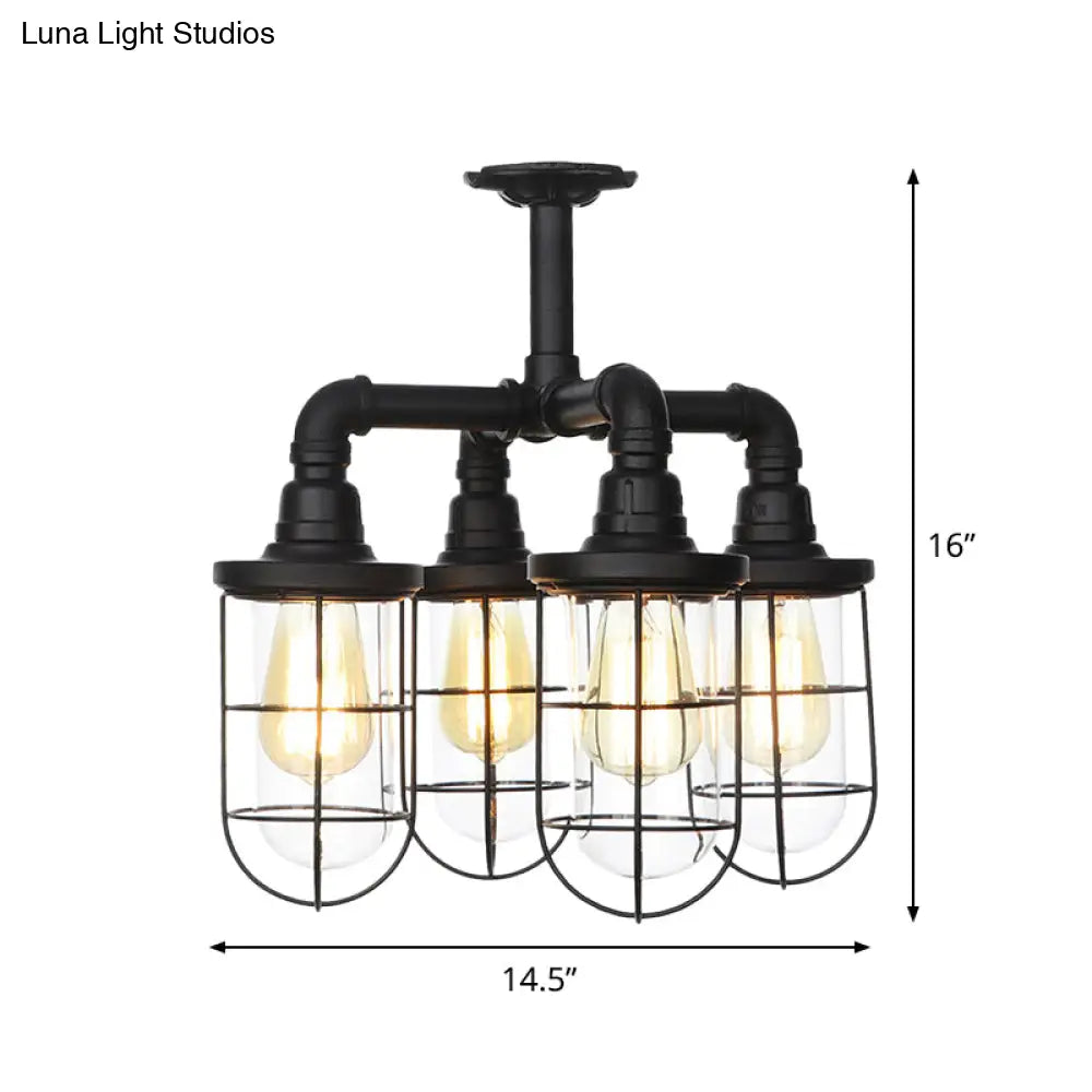 Sleek Black 3/4-Light Semi Mount Industrial Clear Glass Cage Lamp Fixture