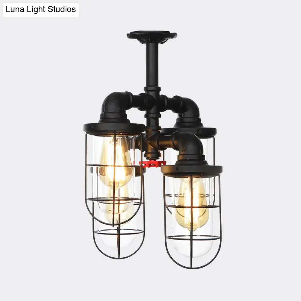 Sleek Black 3/4-Light Semi Mount Industrial Clear Glass Cage Lamp Fixture