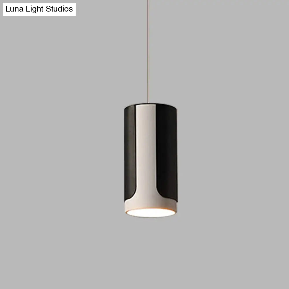 Modern Black And White Dining Table Hanging Light Kit - Sleek Pendant Lamp With Metal Cylinder Shade