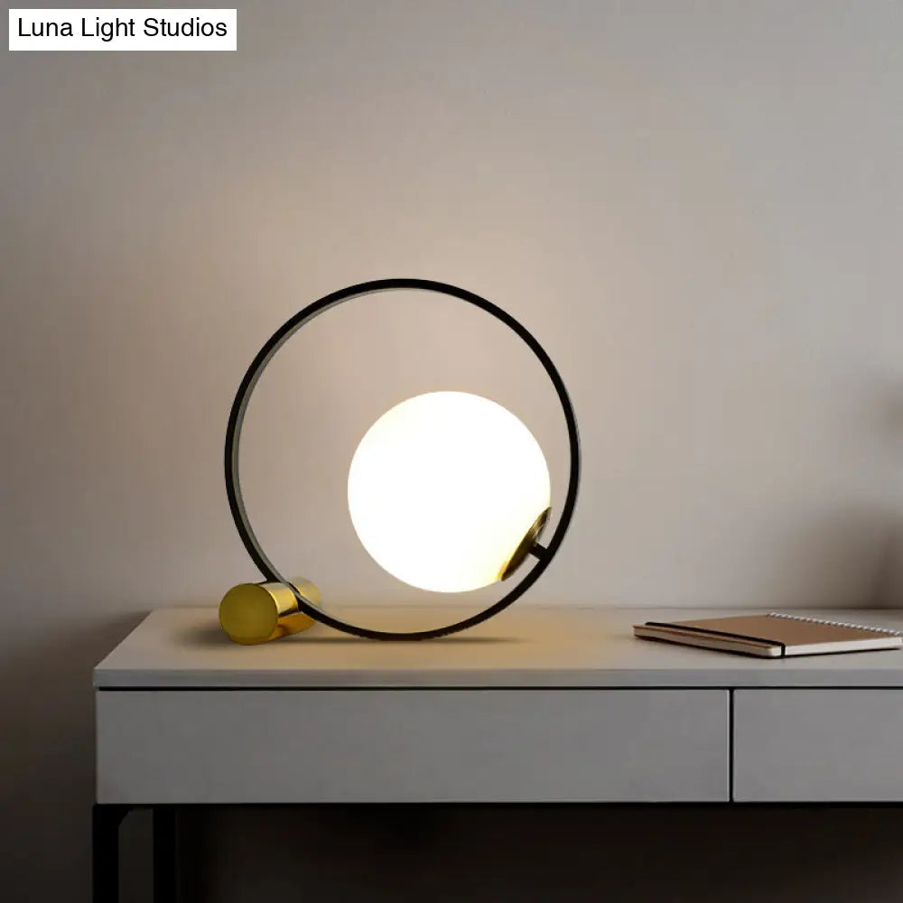 Sleek Black Bedside Table Lamp: Ring And Ball Night Light In Simplicity White Glass