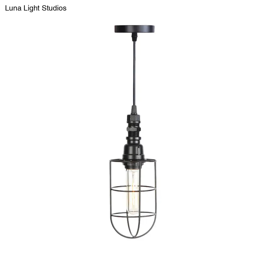 Farmhouse Iron Hanging Ceiling Light With Caged Design - 1 Bulb Coffee Shop Suspension Pendant In