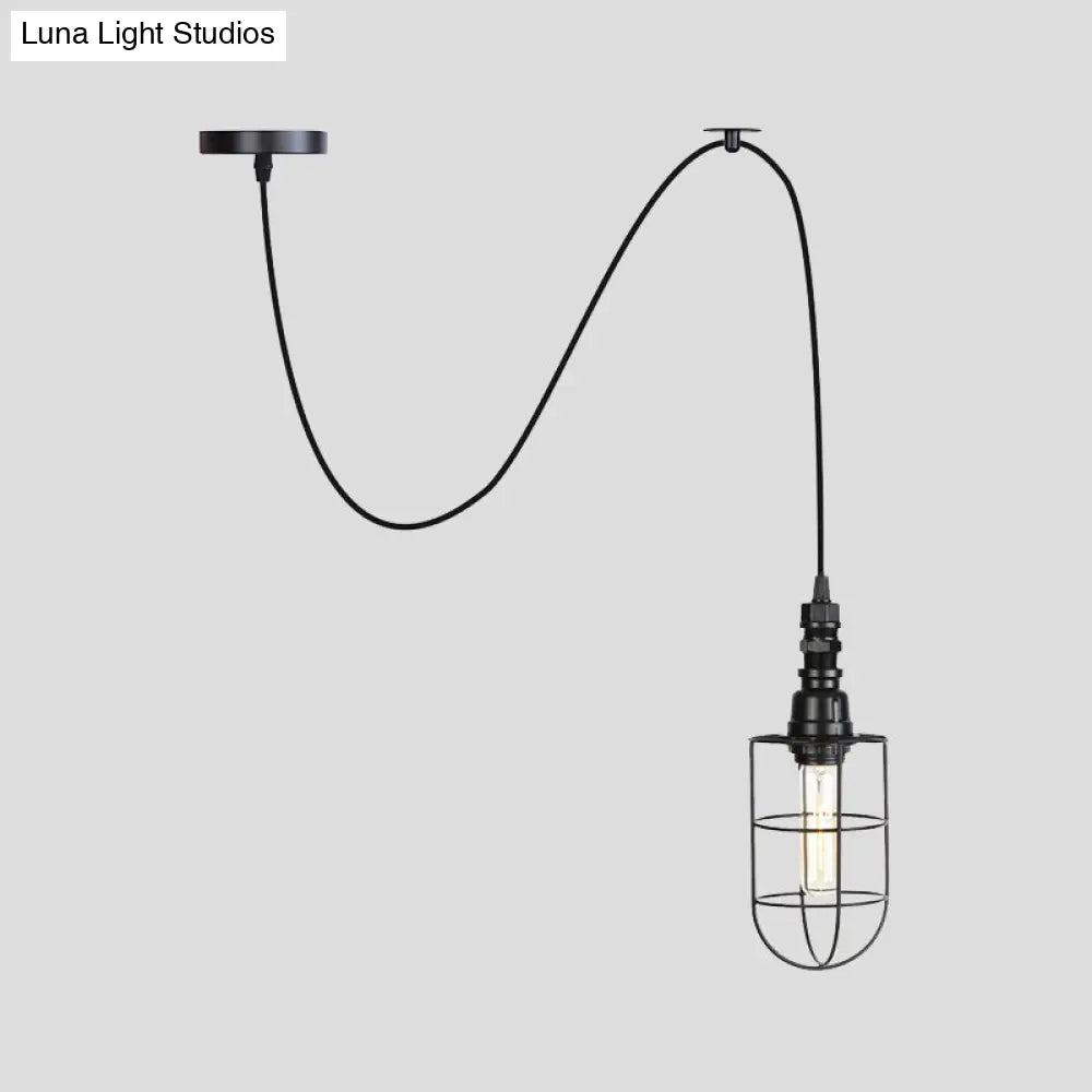 Sleek Black Caged Iron Pendant Light - Farmhouse Style For Coffee Shops 1 Bulb Suspension