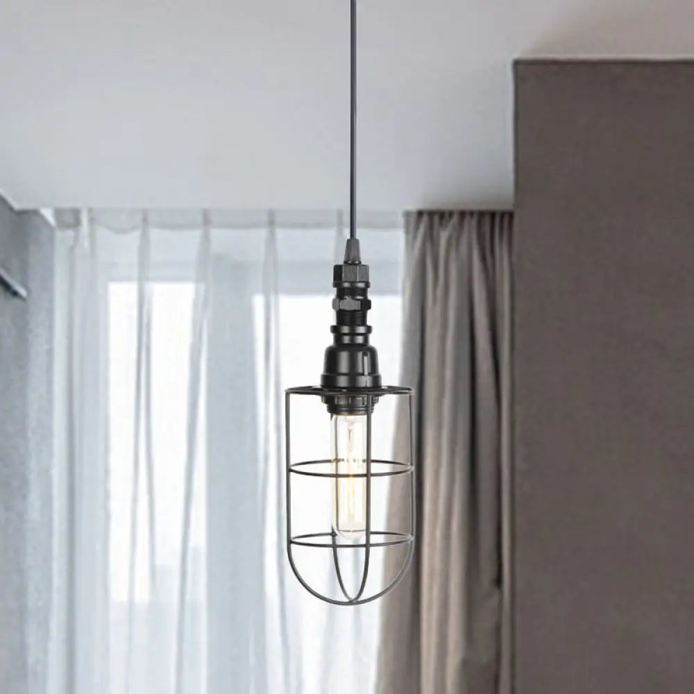 Sleek Black Caged Iron Pendant Light - Farmhouse Style For Coffee Shops 1 Bulb Suspension / A