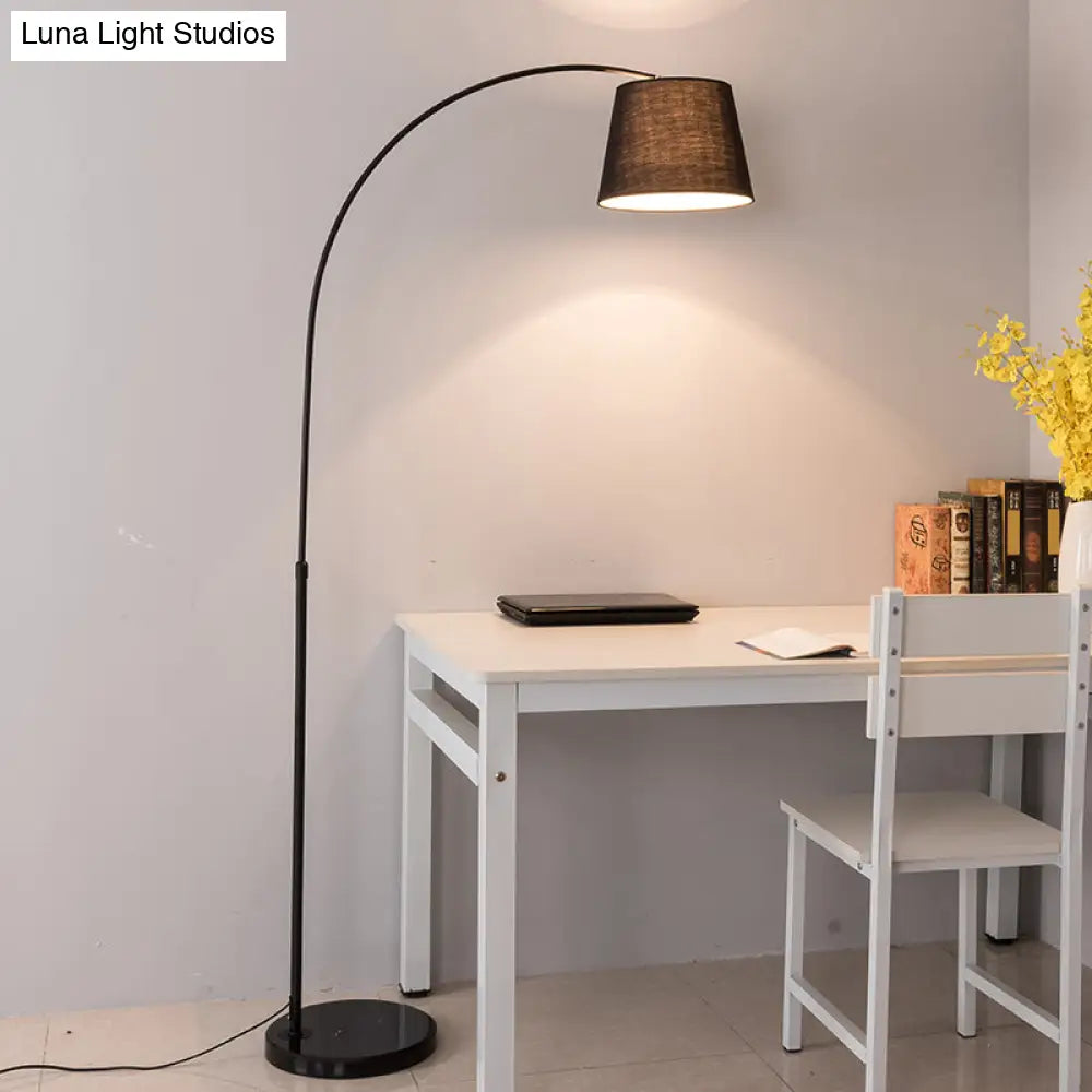 Sleek Black Floor Lamp With Fishing Rod Arm - Simplicity 1-Light Fabric Bucket Standing Light