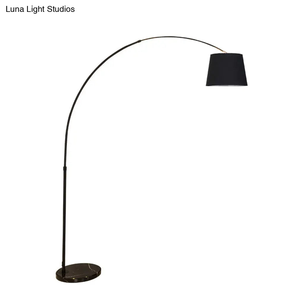 Sleek Black Floor Lamp With Fishing Rod Arm - Simplicity 1-Light Fabric Bucket Standing Light