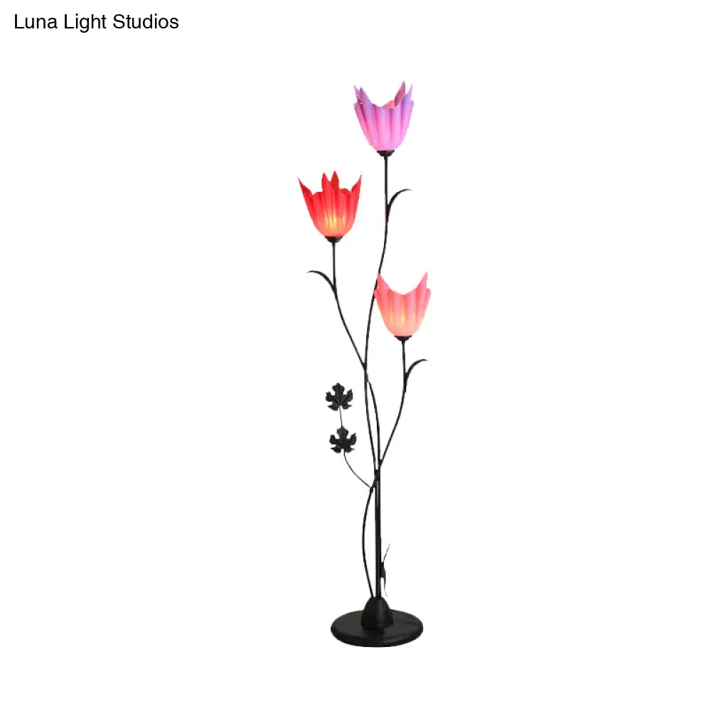 Sleek Black Floral Stand Up Lamp: Elegant 3-Bulb Metal Floor Light For Bedrooms