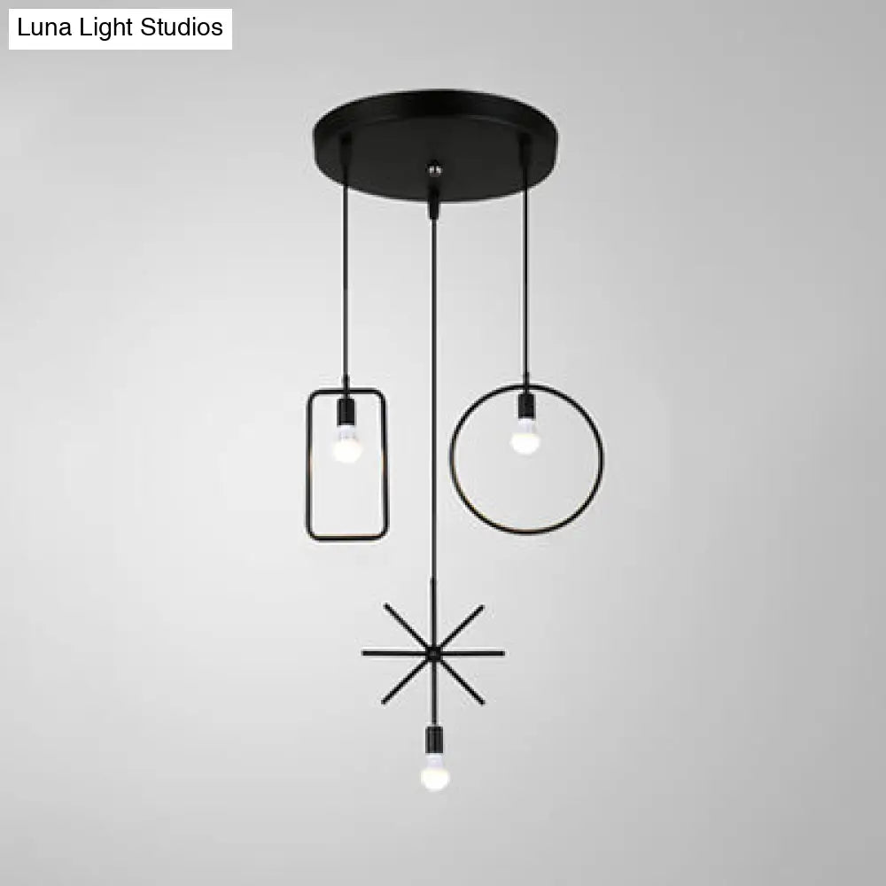 Industrial Geometric Metal Pendant Light With Exposed Bulbs - Black 3-Head Dining Room Hanging Lamp