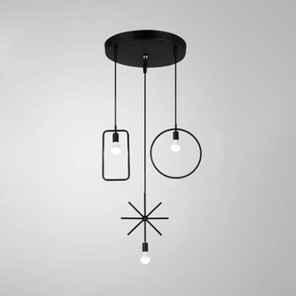 Sleek Black Geometric Dining Room Pendant Light With Exposed Bulbs - 3 Head Industrial Metal Lamp