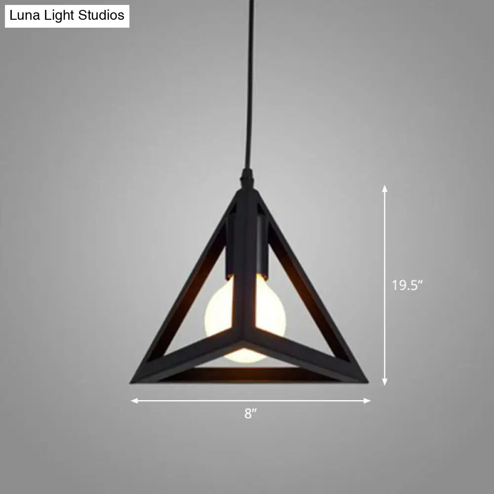 Sleek Black Iron Pendant Light - Geometric Cage Design With 1-Bulb For Corridors / Triangle