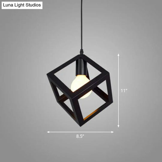 Sleek Black Iron Pendant Light - Geometric Cage Design With 1-Bulb For Corridors / Square