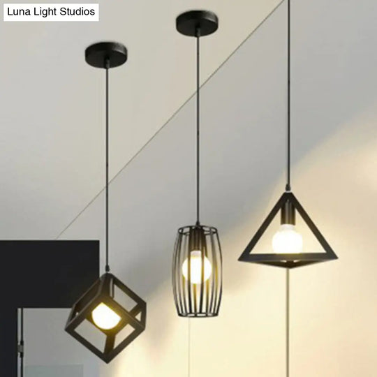 Sleek Black Iron Pendant Light - Geometric Cage Design With 1-Bulb For Corridors