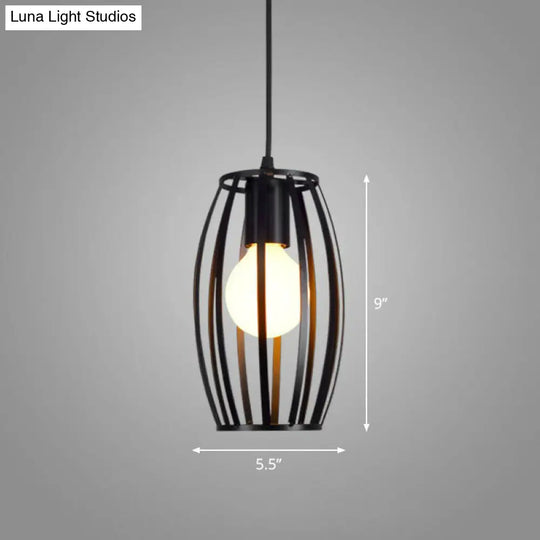 Sleek Black Iron Pendant Light - Geometric Cage Design With 1-Bulb For Corridors / Oval