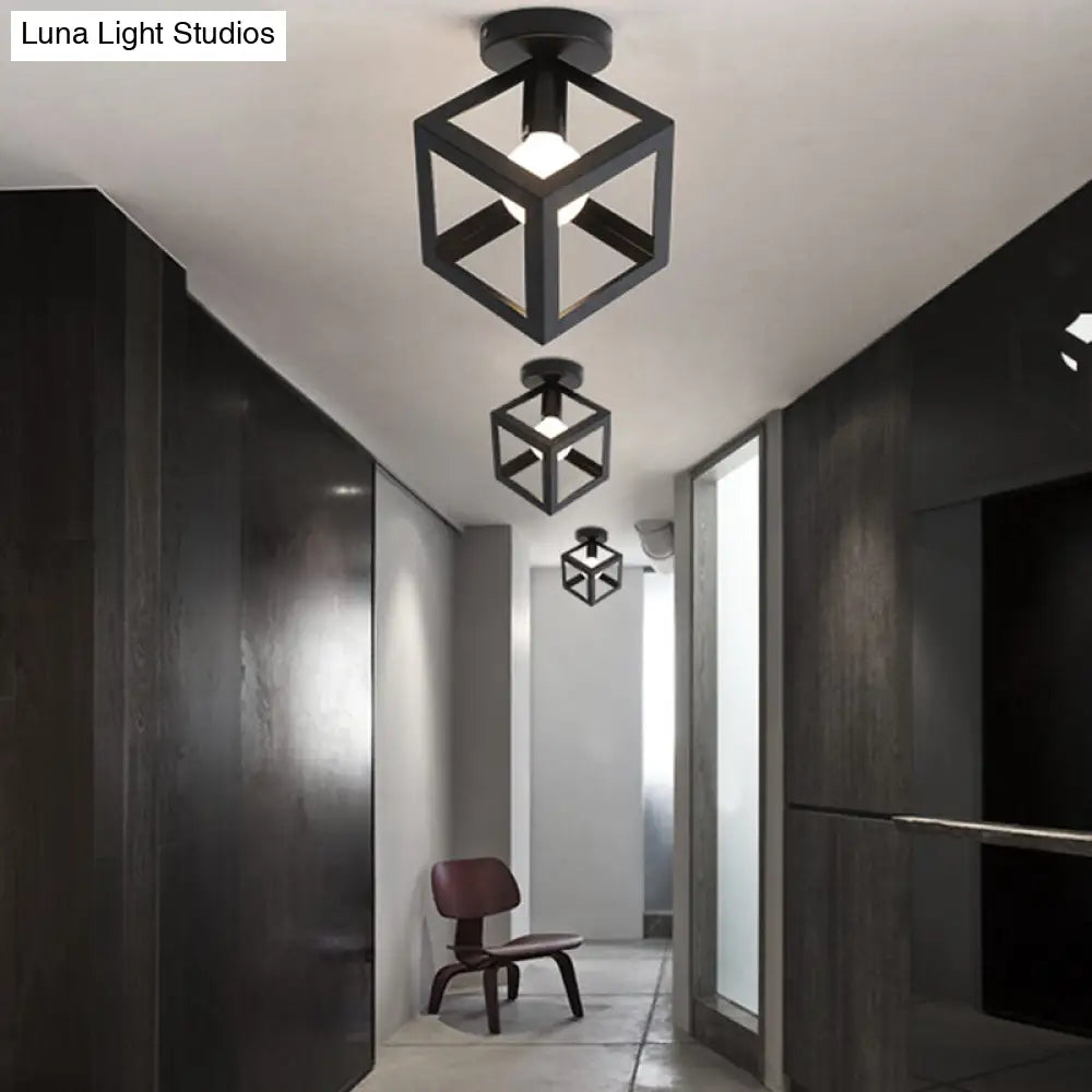 Sleek Black Iron 1-Light Semi Flush Ceiling Light - Industrial Style / Square
