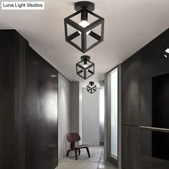 Sleek Black Iron 1-Light Semi Flush Ceiling Light - Industrial Style / Square