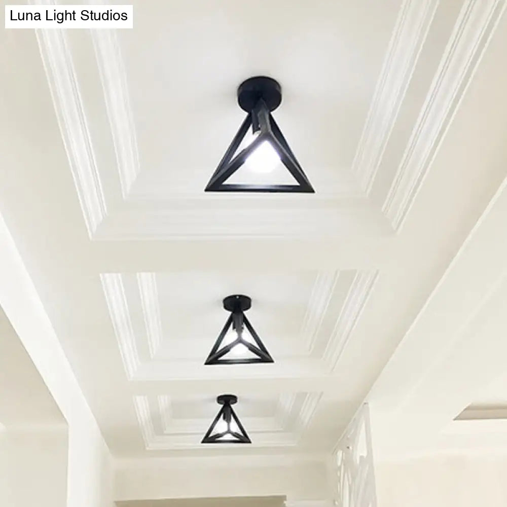 Sleek Black Iron 1-Light Semi Flush Ceiling Light - Industrial Style / Triangle