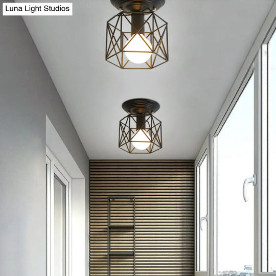 Sleek Black Iron 1-Light Semi Flush Ceiling Light - Industrial Style / Hexagon