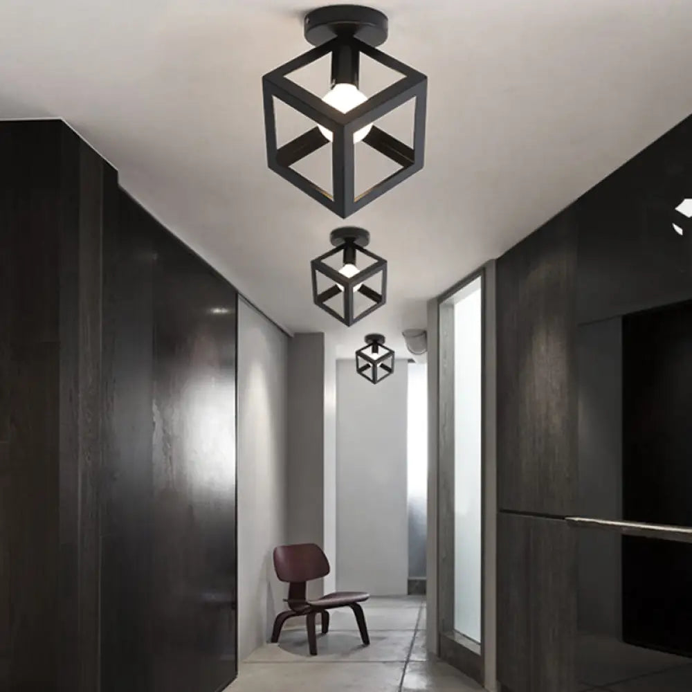 Sleek Black Iron 1 - Light Semi Flush Ceiling Light - Industrial Style / Square