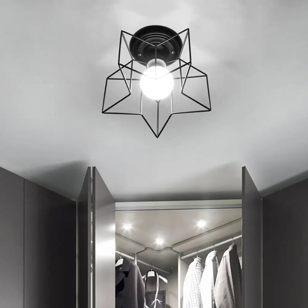 Sleek Black Iron 1 - Light Semi Flush Ceiling Light - Industrial Style / Star