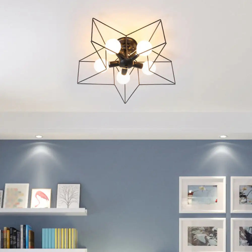 Sleek Black Iron 1 - Light Semi Flush Ceiling Light - Industrial Style / Starfish