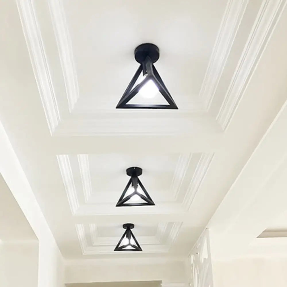 Sleek Black Iron 1 - Light Semi Flush Ceiling Light - Industrial Style / Triangle