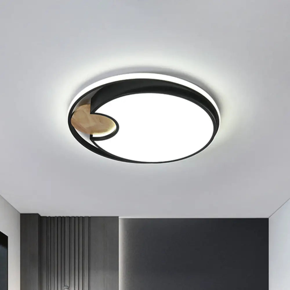 Sleek Black Led Ceiling Light With Wood Accent - Thin Round Acrylic Flush Mount