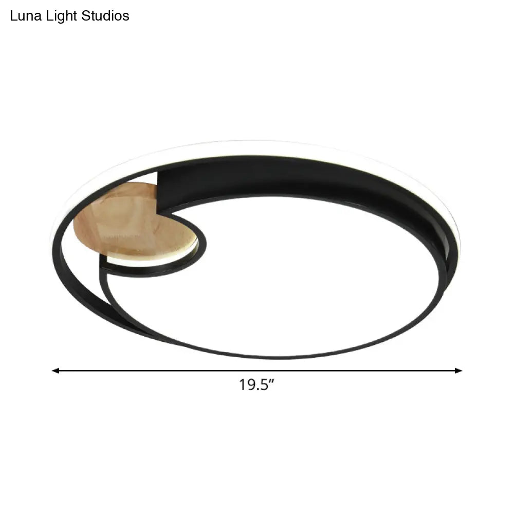 Sleek Black Led Ceiling Light With Wood Accent - Thin Round Acrylic Flush Mount