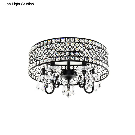 Sleek Black Metal Flush Mount Light With Crystal Drum Shade - Modern 4 Bulb Semi Lamp