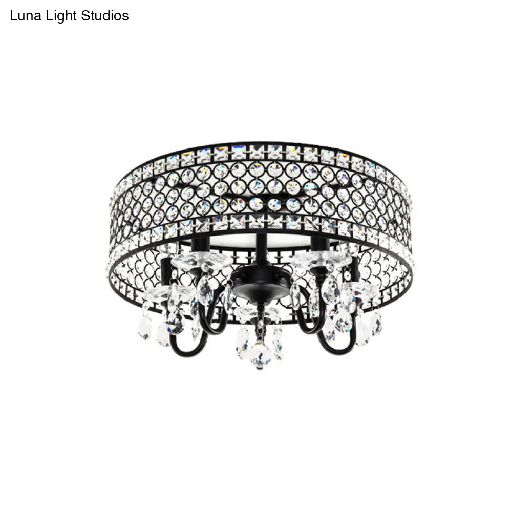 Sleek Black Metal Flush Mount Light With Crystal Drum Shade - Modern 4 Bulb Semi Lamp