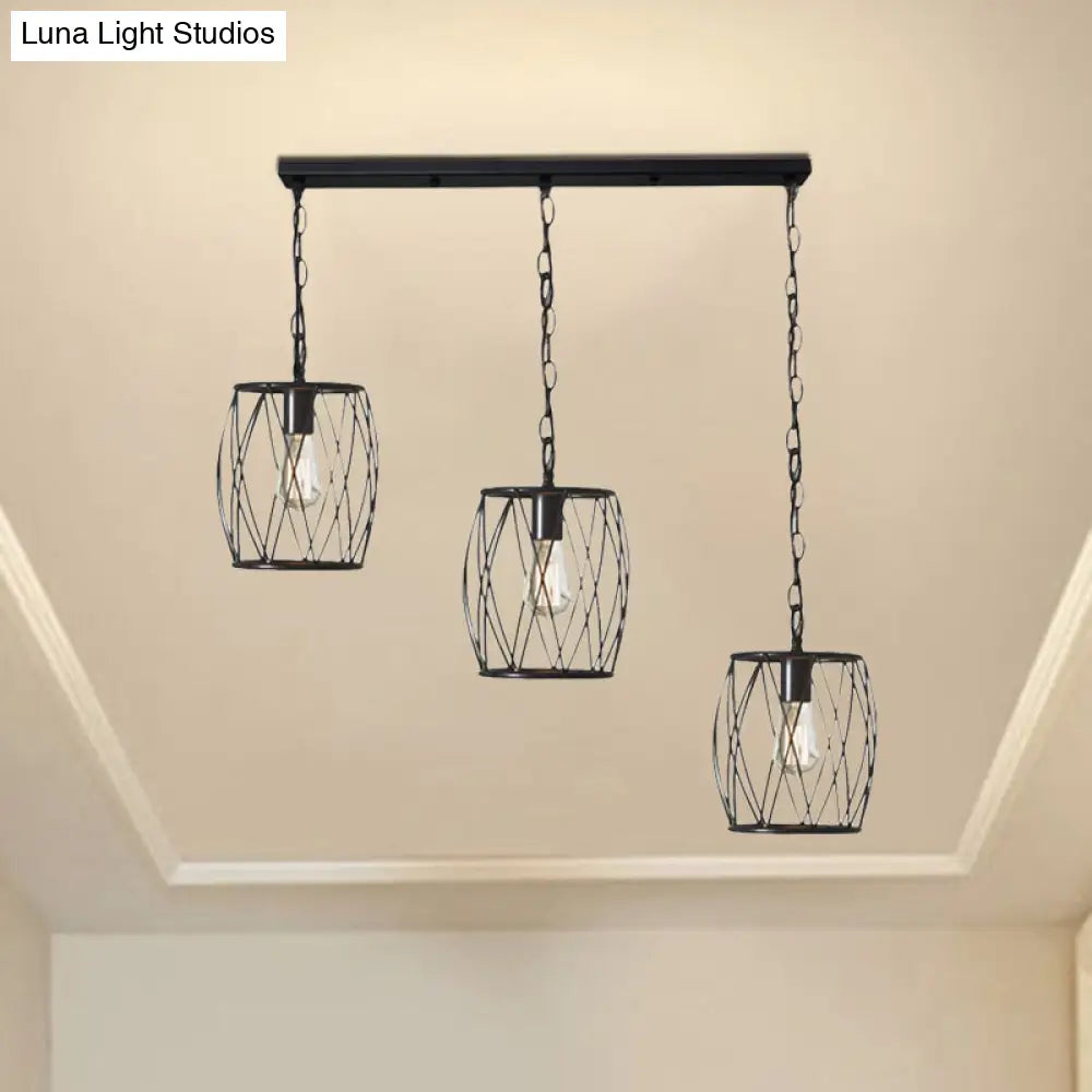 Sleek Black Metal Lantern Hanging Lamp - 3 Bulb Industrial Stylish Cage Shade Suspension Light For