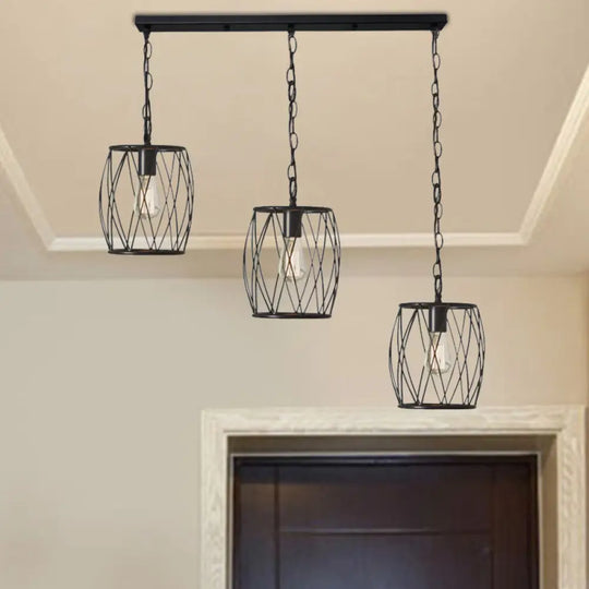 Sleek Black Metal Lantern Hanging Lamp - 3 Bulb Industrial Stylish Cage Shade Suspension Light For