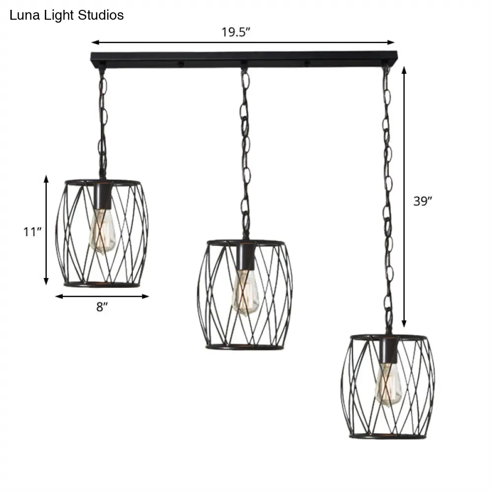 Industrial Black Hanging Lamp With 3 Bulbs And Stylish Metal Lantern Cage Shade - Foyer Suspension