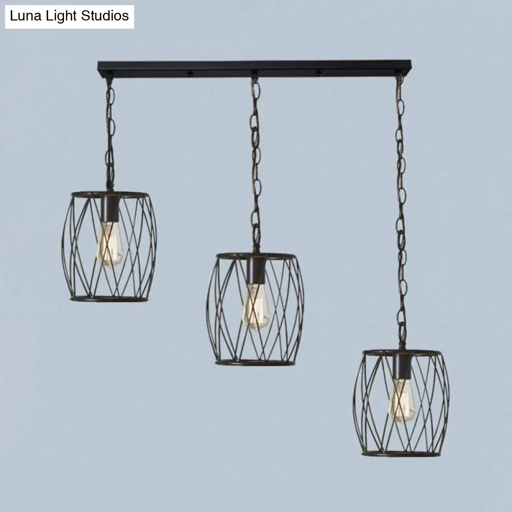 Sleek Black Metal Lantern Hanging Lamp - 3 Bulb Industrial Stylish Cage Shade Suspension Light For