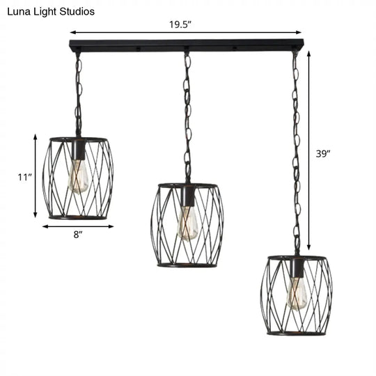 Sleek Black Metal Lantern Hanging Lamp - 3 Bulb Industrial Stylish Cage Shade Suspension Light For