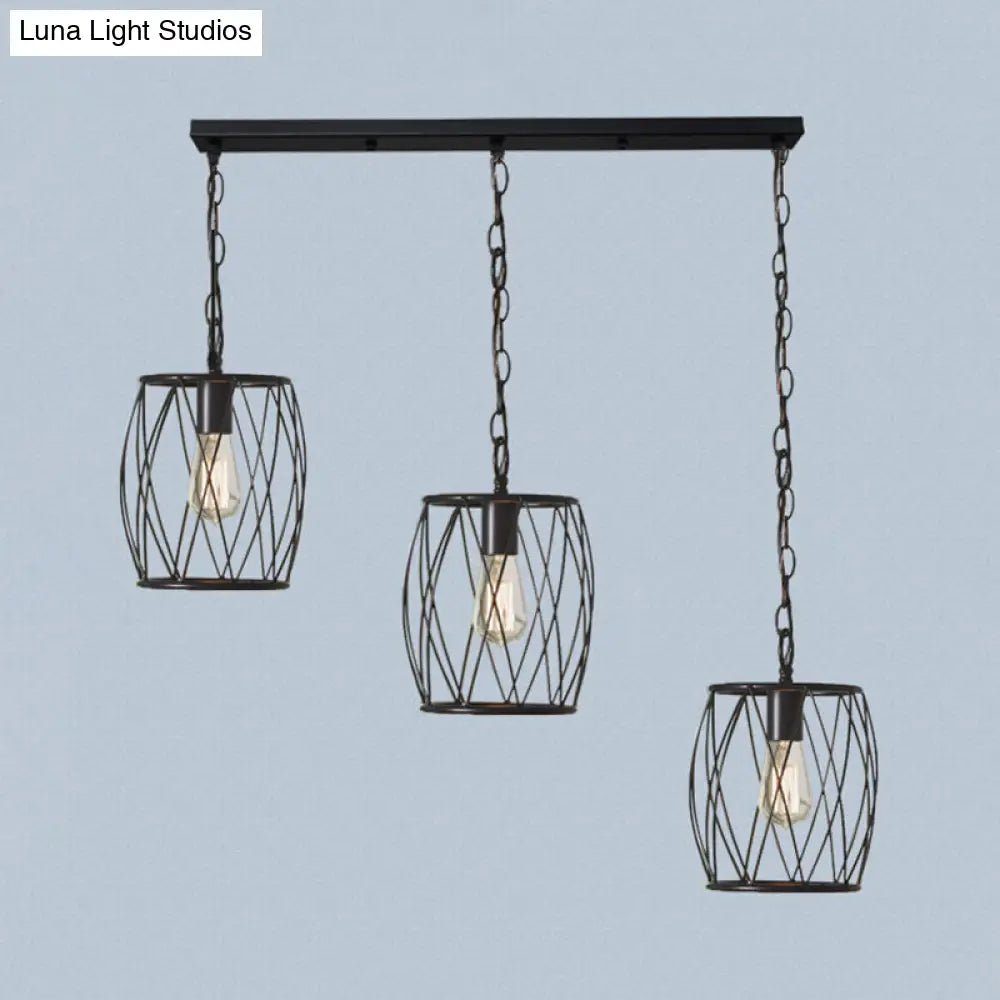 Industrial Black Hanging Lamp With 3 Bulbs And Stylish Metal Lantern Cage Shade - Foyer Suspension