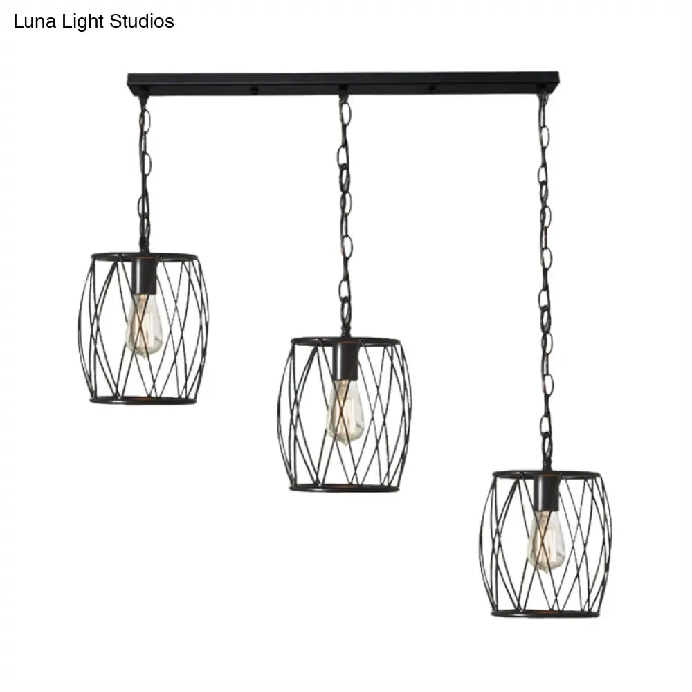 Industrial Black Hanging Lamp With 3 Bulbs And Stylish Metal Lantern Cage Shade - Foyer Suspension