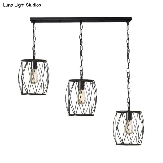 Industrial Black Hanging Lamp With 3 Bulbs And Stylish Metal Lantern Cage Shade - Foyer Suspension