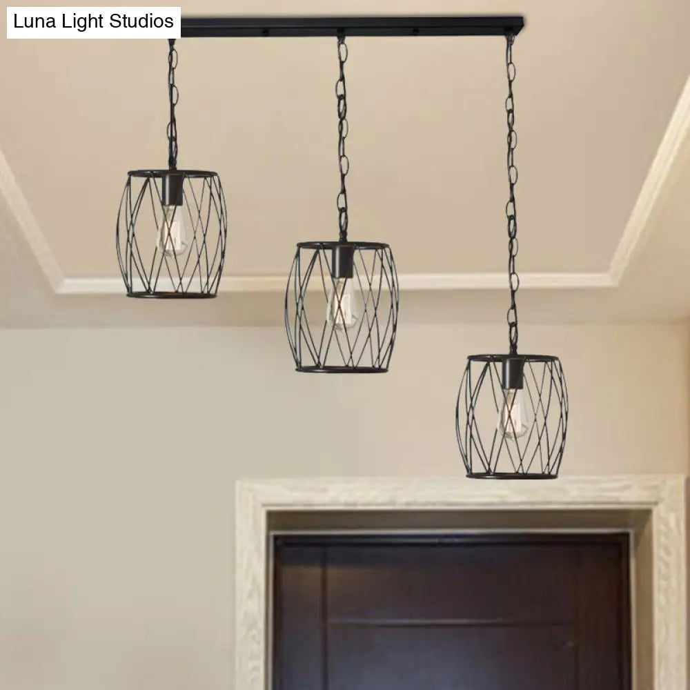 Industrial Black Hanging Lamp With 3 Bulbs And Stylish Metal Lantern Cage Shade - Foyer Suspension