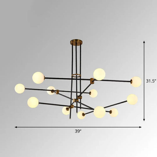 Sleek Black Metal Linear Chandelier With Ball White Glass Shade - Perfect For Living Room Pendant