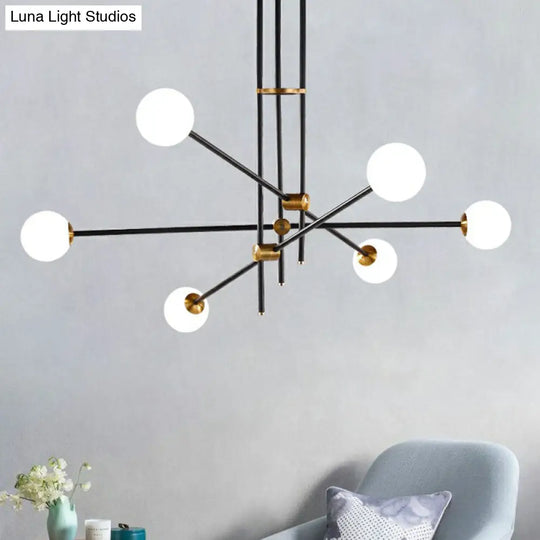 Sleek Black Metal Linear Chandelier With Ball White Glass Shade - Perfect For Living Room Pendant