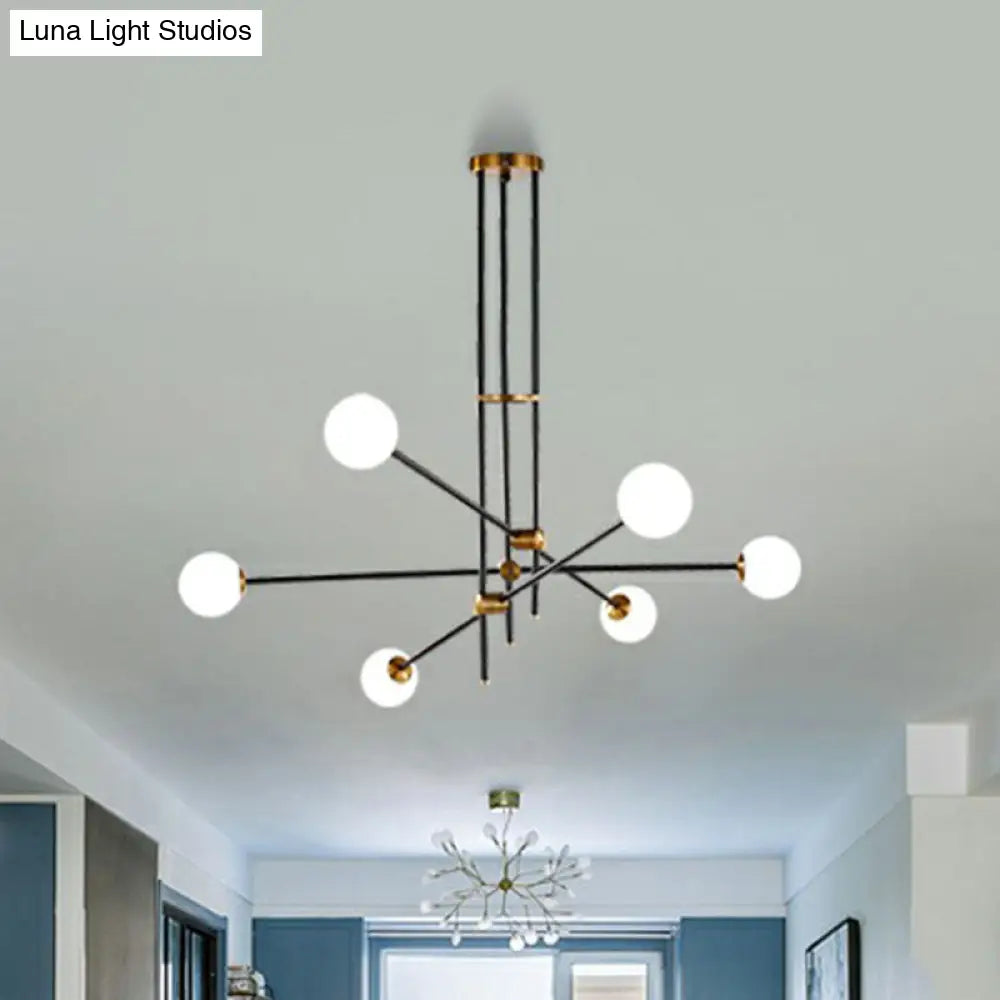 Sleek Black Metal Linear Chandelier With Ball White Glass Shade - Perfect For Living Room Pendant