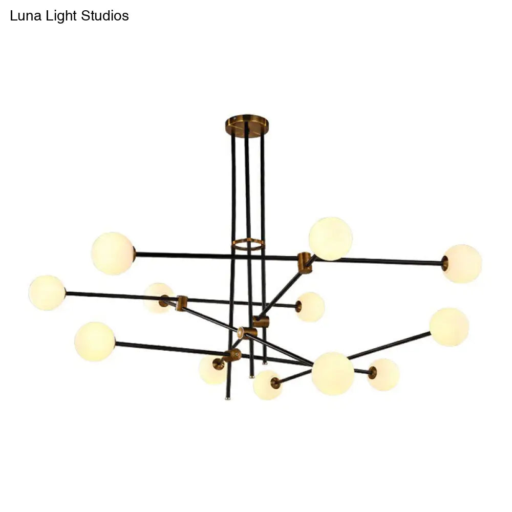 Sleek Black Metal Linear Chandelier With Ball White Glass Shade - Perfect For Living Room Pendant