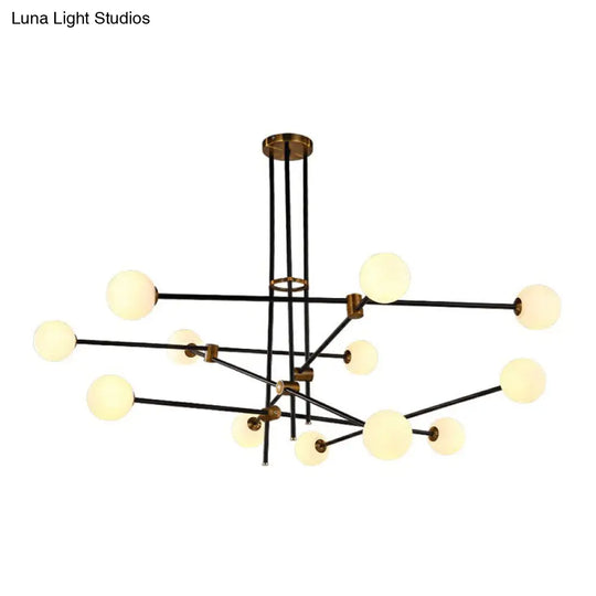 Sleek Black Metal Linear Chandelier With Ball White Glass Shade - Perfect For Living Room Pendant