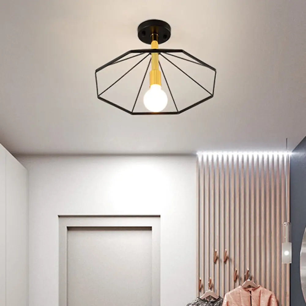 Sleek Black Metal Semi Flush Ceiling Light - Minimalist 1 Fixture Perfect For Lobby