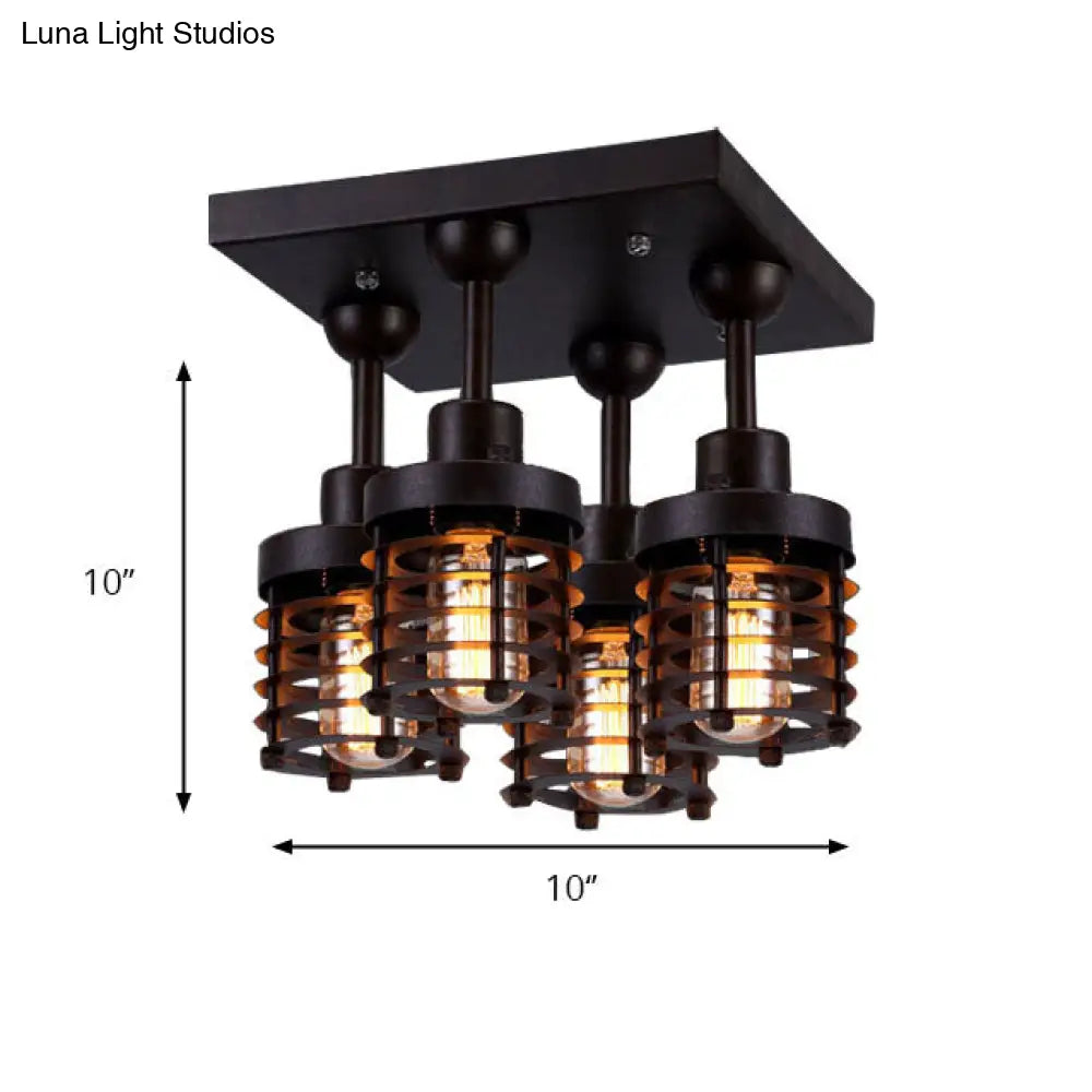 Sleek Black Mini Caged Ceiling Lamp: Industrial Iron 4-Head Bedroom Semi Flush Mount Lighting For