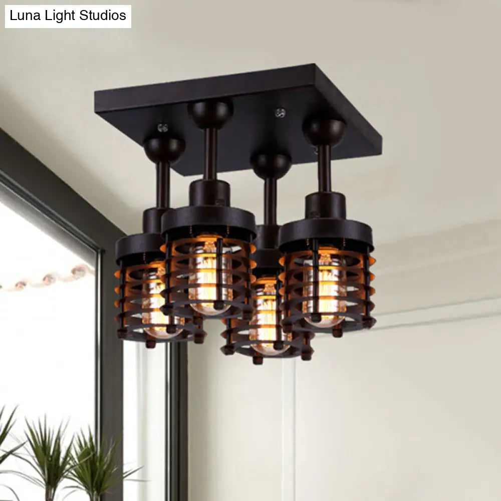 Sleek Black Mini Caged Ceiling Lamp: Industrial Iron 4-Head Bedroom Semi Flush Mount Lighting For