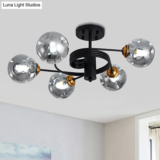 Sleek Black Modernist Semi-Flush Ceiling Light With Amber/Smoke Dimpled Glass Shades - Perfect For