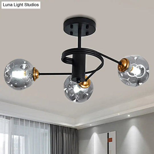 Modernist Black Semi Flush Ceiling Light With 3/5 Ball Amber/Smoke Blown Glass Shades