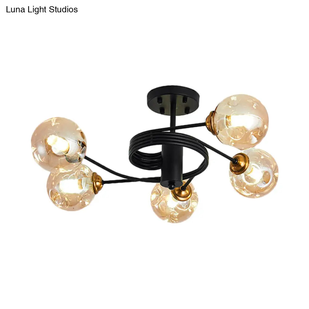 Sleek Black Modernist Semi-Flush Ceiling Light With Amber/Smoke Dimpled Glass Shades - Perfect For